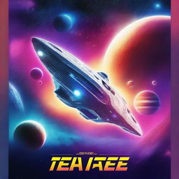 A futuristic science fiction movie poster featuring a spaceship soaring through a galaxy with vibrant stars and planets in the background
