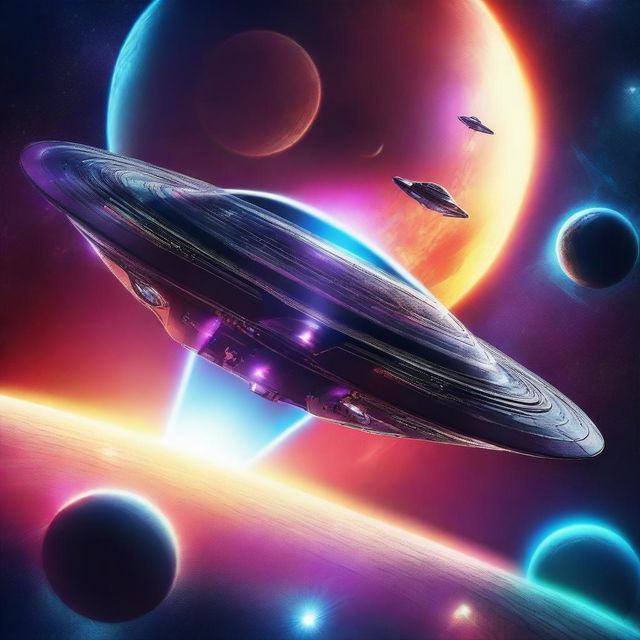 A futuristic science fiction movie poster featuring a spaceship soaring through a galaxy with vibrant stars and planets in the background