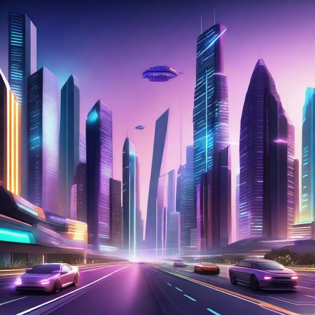 A futuristic city with towering skyscrapers, advanced technology, flying cars, and neon lights illuminating the night sky