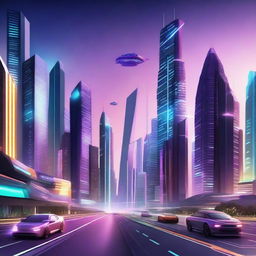 A futuristic city with towering skyscrapers, advanced technology, flying cars, and neon lights illuminating the night sky