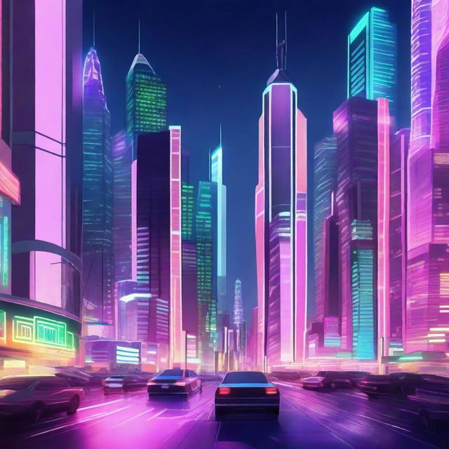 A futuristic city with towering skyscrapers, advanced technology, flying cars, and neon lights illuminating the night sky