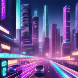 A futuristic city with towering skyscrapers, advanced technology, flying cars, and neon lights illuminating the night sky