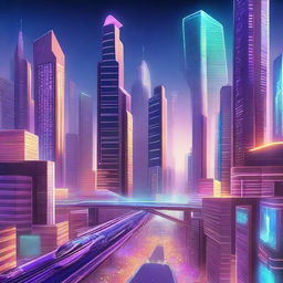 A futuristic city with towering skyscrapers, advanced technology, flying cars, and neon lights illuminating the night sky