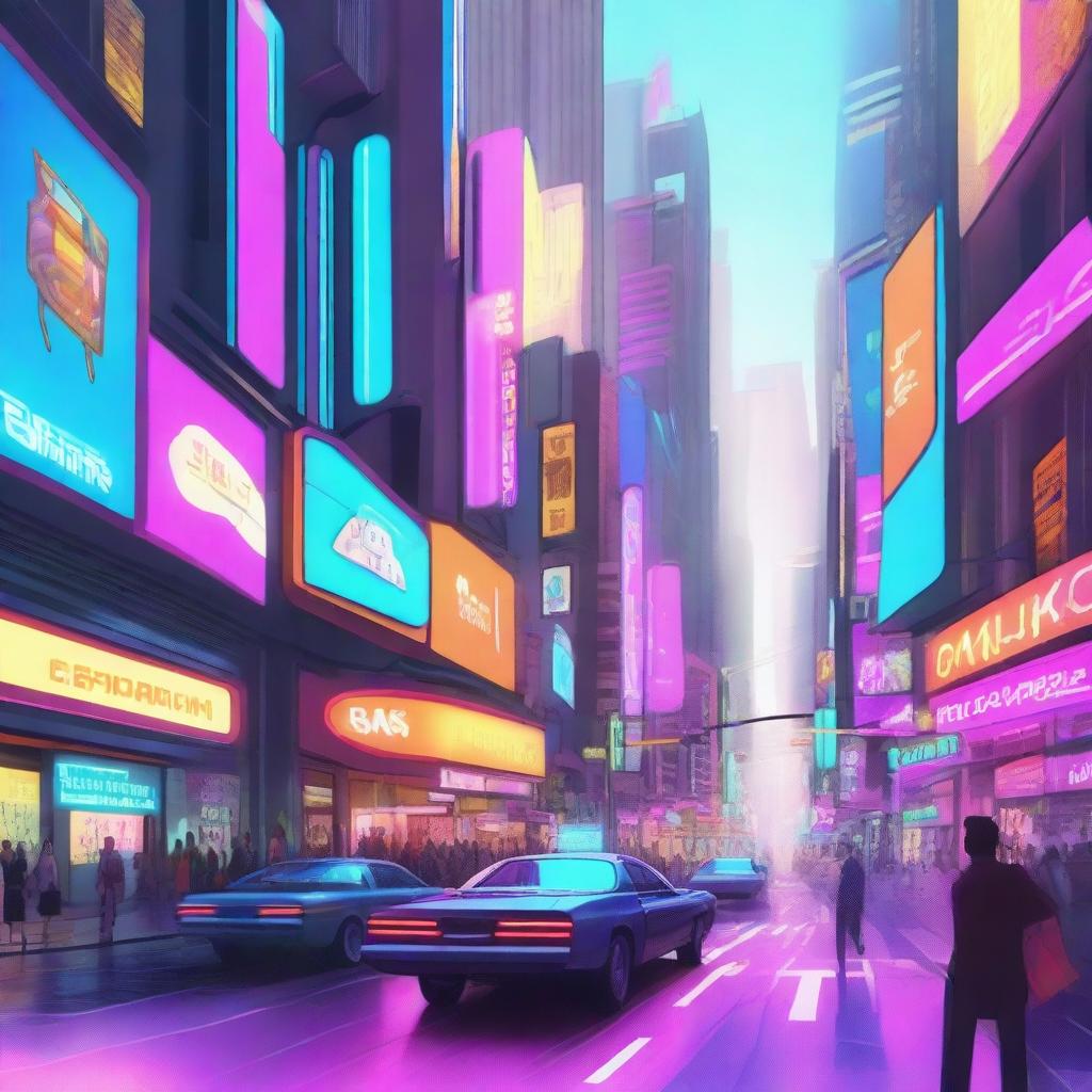 A bustling futuristic street in the daytime, filled with advanced technology, sleek buildings, and people in modern attire