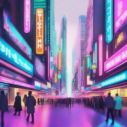 A bustling futuristic street in the daytime, filled with advanced technology, sleek buildings, and people in modern attire