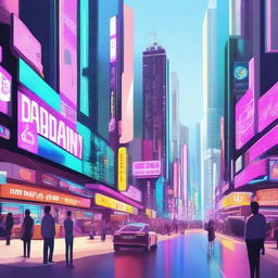 A bustling futuristic street in the daytime, filled with advanced technology, sleek buildings, and people in modern attire