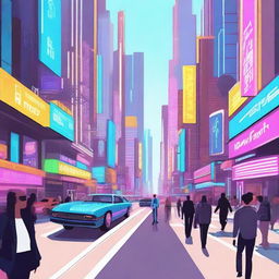 A bustling futuristic street in the daytime, filled with advanced technology, sleek buildings, and people in modern attire