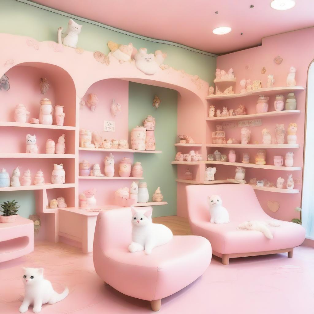 A kawaii cat cafe featuring adorable, chibi-style cats lounging on pastel-colored furniture