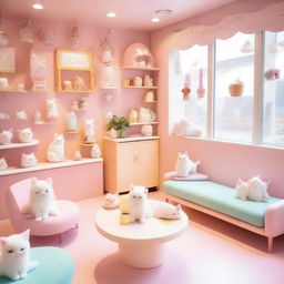 A kawaii cat cafe featuring adorable, chibi-style cats lounging on pastel-colored furniture