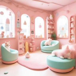 A kawaii cat cafe featuring adorable, chibi-style cats lounging on pastel-colored furniture