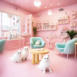 A kawaii cat cafe featuring adorable, chibi-style cats lounging on pastel-colored furniture