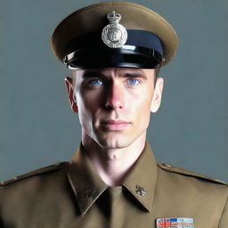 A portrait of a blue-eyed guy with dark hair, dressed in a military uniform