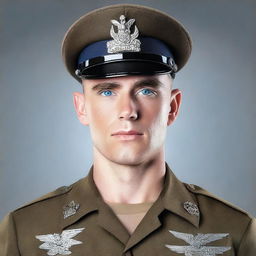 A portrait of a blue-eyed guy with dark hair, dressed in a military uniform