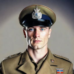 A portrait of a blue-eyed guy with dark hair, dressed in a military uniform