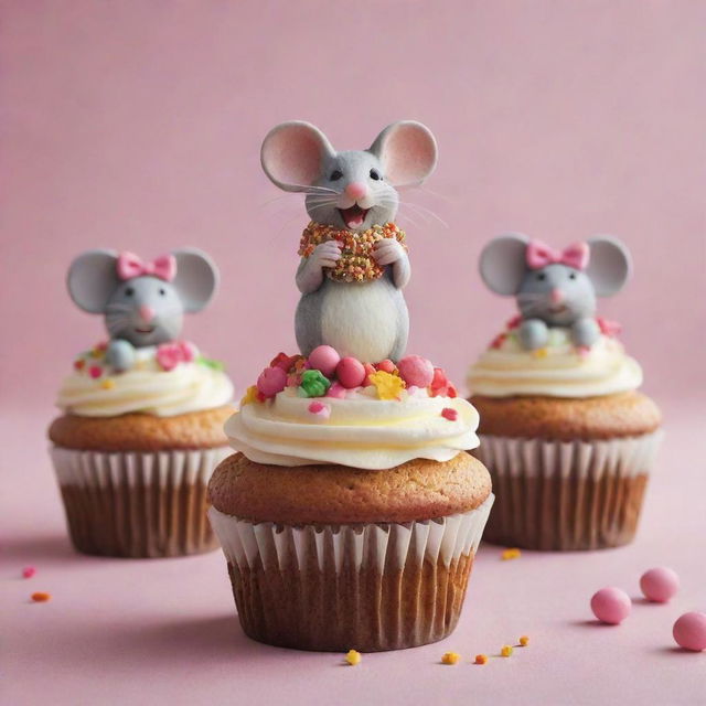 Render a full-page design of beautifully adorned cupcakes, along with a small, overjoyed mouse gazing in awe at the feast in front of it. The cupcakes and mouse should fill the entire frame to evoke a sense of excitement.