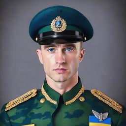 Create an image of a blue-eyed man with dark hair, dressed in a Ukrainian military uniform