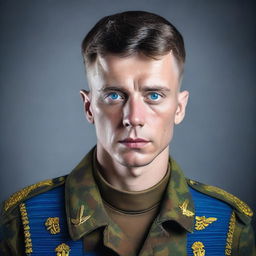 Create an image of a blue-eyed man with dark hair, dressed in a Ukrainian military uniform