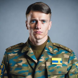 Create an image of a blue-eyed man with dark hair, dressed in a Ukrainian military uniform