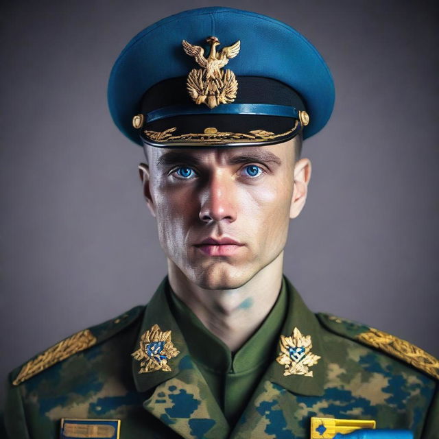 Create an image of a blue-eyed man with dark hair, dressed in a Ukrainian military uniform