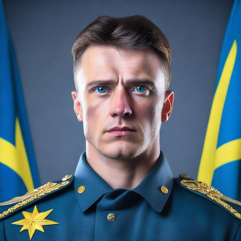 A blue-eyed man with dark hair wearing a Ukrainian military uniform