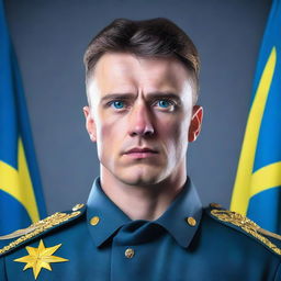 A blue-eyed man with dark hair wearing a Ukrainian military uniform