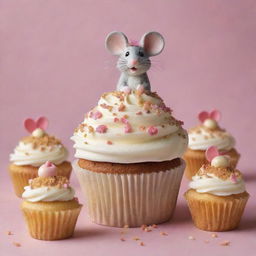 Render a full-page design of beautifully adorned cupcakes, along with a small, overjoyed mouse gazing in awe at the feast in front of it. The cupcakes and mouse should fill the entire frame to evoke a sense of excitement.