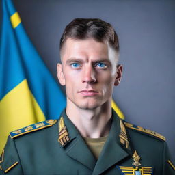 A blue-eyed man with dark hair wearing a Ukrainian military uniform