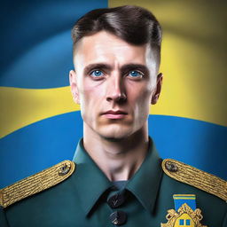 A blue-eyed man with dark hair wearing a Ukrainian military uniform