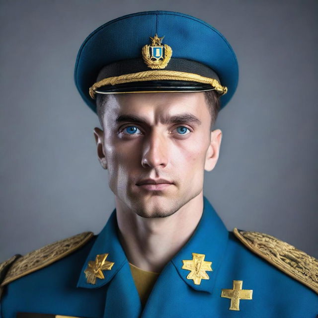 A blue-eyed man with dark hair wearing a Ukrainian military uniform