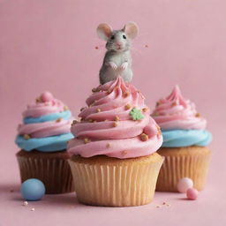 Render a full-page design of beautifully adorned cupcakes, along with a small, overjoyed mouse gazing in awe at the feast in front of it. The cupcakes and mouse should fill the entire frame to evoke a sense of excitement.