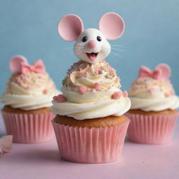 Render a full-page design of beautifully adorned cupcakes, along with a small, overjoyed mouse gazing in awe at the feast in front of it. The cupcakes and mouse should fill the entire frame to evoke a sense of excitement.