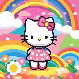 A cute and friendly Hello Kitty character standing in a colorful and cheerful background with flowers and rainbows