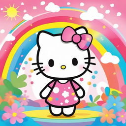 A cute and friendly Hello Kitty character standing in a colorful and cheerful background with flowers and rainbows