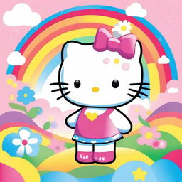 A cute and friendly Hello Kitty character standing in a colorful and cheerful background with flowers and rainbows