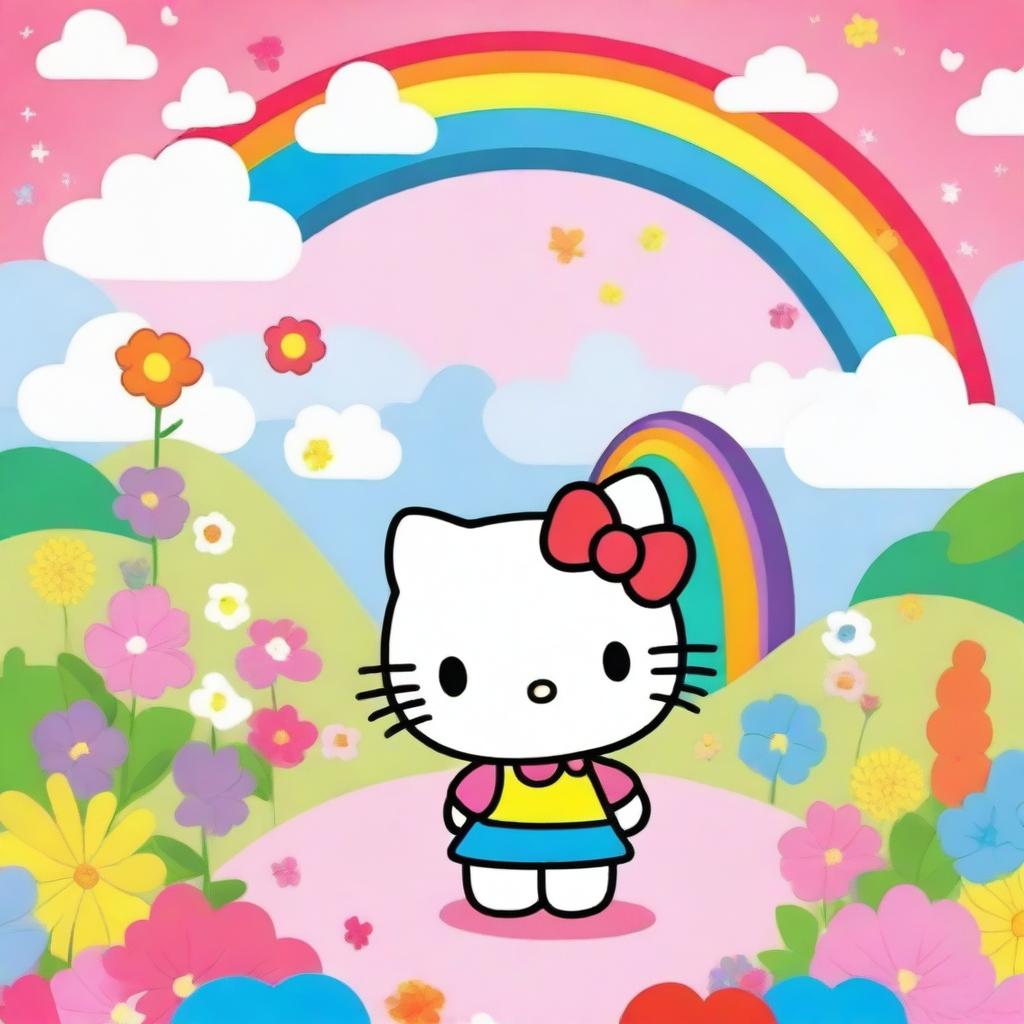 A cute and friendly Hello Kitty character standing in a colorful and cheerful background with flowers and rainbows