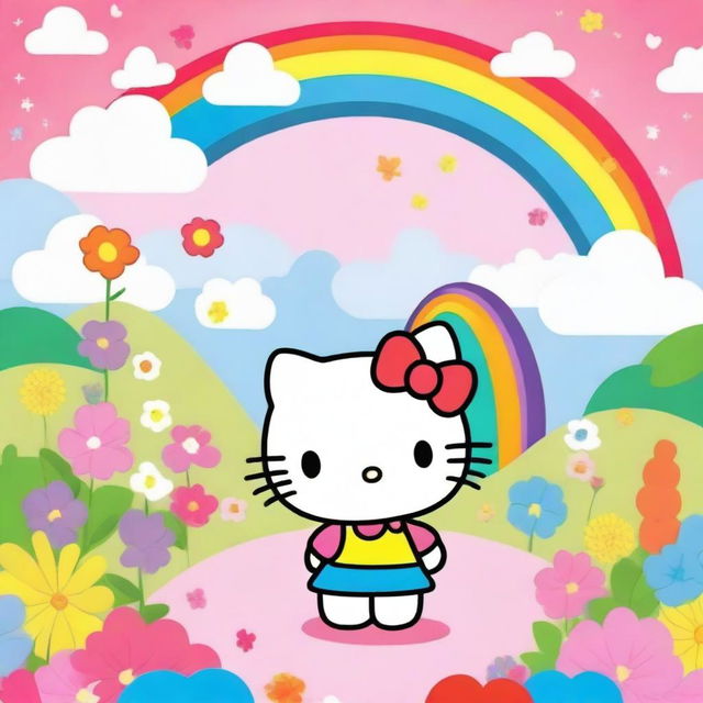 A cute and friendly Hello Kitty character standing in a colorful and cheerful background with flowers and rainbows