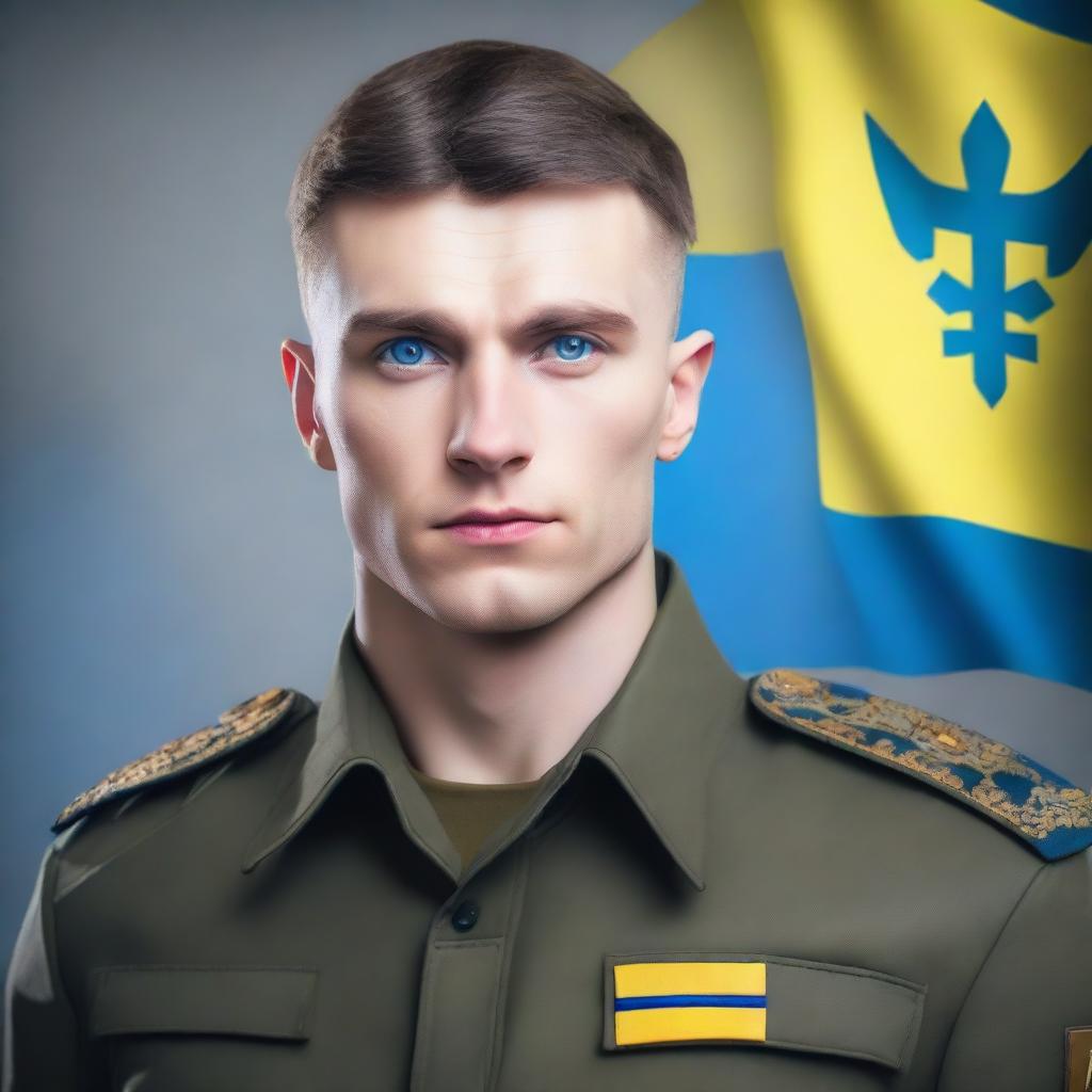 A blue-eyed man with dark hair dressed in a Ukrainian military uniform