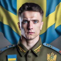 A blue-eyed man with dark hair dressed in a Ukrainian military uniform