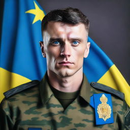 A blue-eyed man with dark hair dressed in a Ukrainian military uniform