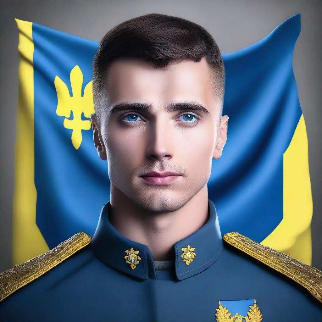 A blue-eyed man with dark hair dressed in a Ukrainian military uniform