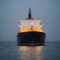 A large cargo ship, aglow with navigation lights, steadily moving through a heavy downpour. Raindrops are hitting the ocean surface, making it dance with countless ripple circles.