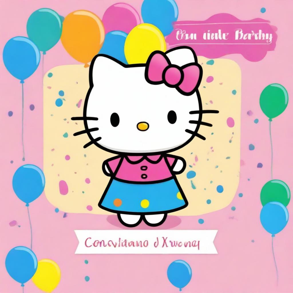 A cute and friendly Hello Kitty character on a colorful and cheerful birthday invitation