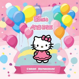 A cute and friendly Hello Kitty character on a colorful and cheerful birthday invitation