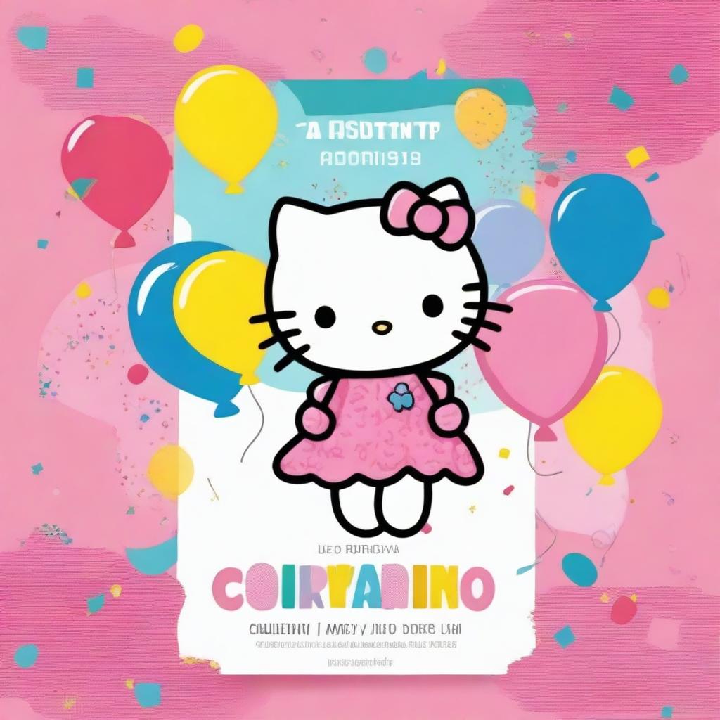 A cute and friendly Hello Kitty character on a colorful and cheerful birthday invitation