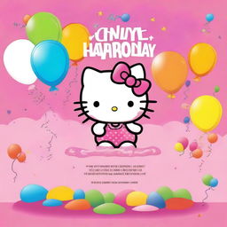 A cute and friendly Hello Kitty character on a colorful and cheerful birthday invitation