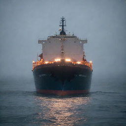 A large cargo ship, aglow with navigation lights, steadily moving through a heavy downpour. Raindrops are hitting the ocean surface, making it dance with countless ripple circles.