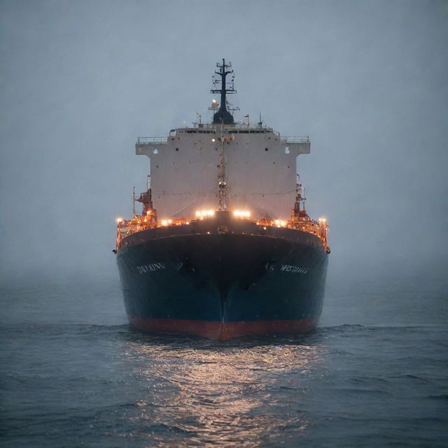 A large cargo ship, aglow with navigation lights, steadily moving through a heavy downpour. Raindrops are hitting the ocean surface, making it dance with countless ripple circles.