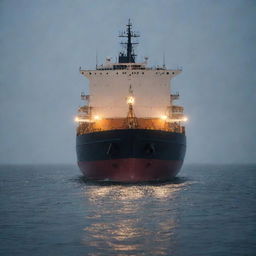A large cargo ship, aglow with navigation lights, steadily moving through a heavy downpour. Raindrops are hitting the ocean surface, making it dance with countless ripple circles.
