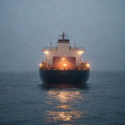 A large cargo ship, aglow with navigation lights, steadily moving through a heavy downpour. Raindrops are hitting the ocean surface, making it dance with countless ripple circles.