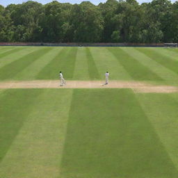 A detailed image of a cricket match in progress on a lush green pitch, with players fiercely focused on the dynamic gameplay under a brilliant sunny sky.